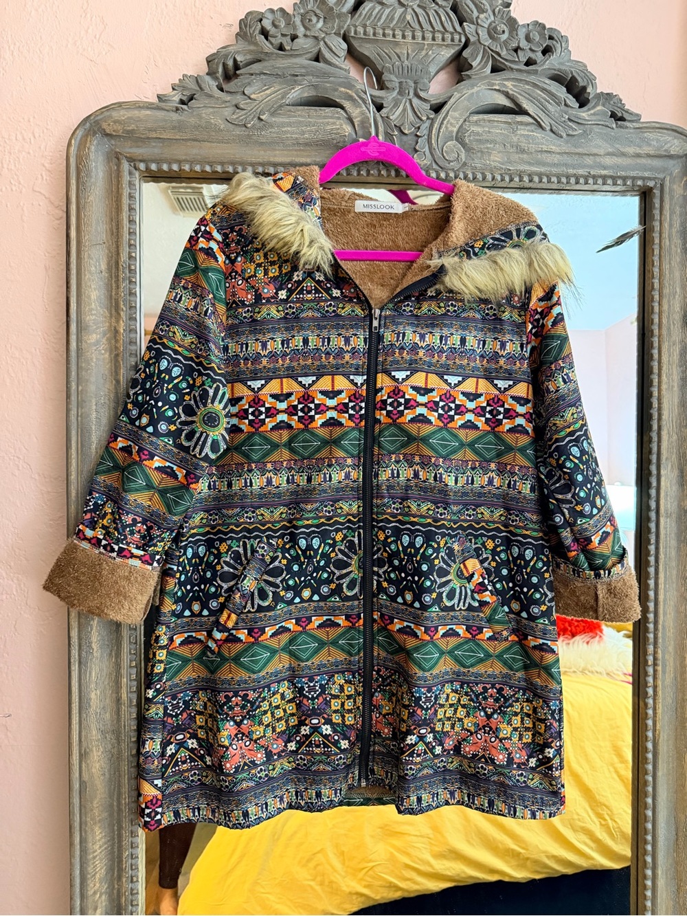 Misslook Multicolor Geometric Print Hooded Coat with Faux-Fur Trim